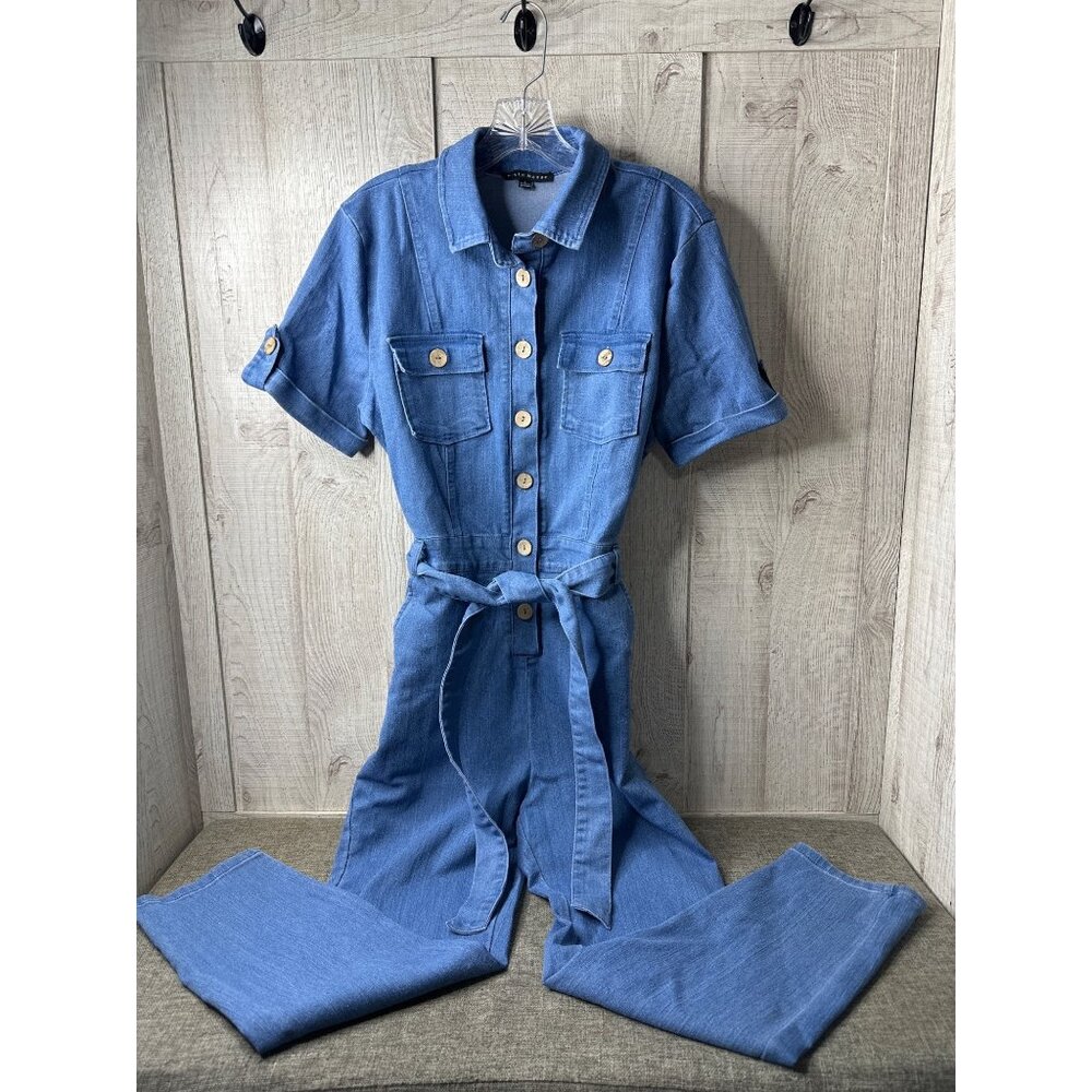 Haute Monde Blue Denim Jumpsuit Stretch Tie Waist Button Front Pockets Womens L